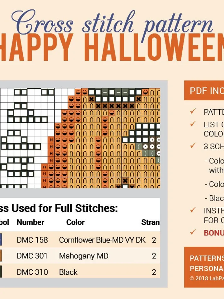Happy Halloween Cat Pumpkin Witch Hat Cross stitch pattern Embroidery Pattern Instant Download Cross Stitch Patterns Embroidery Designs