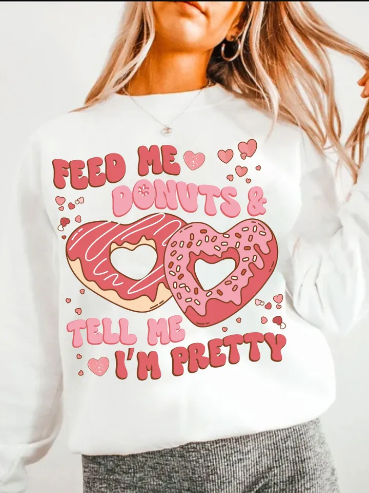 Feed Me Donuts & Tell Me I’m Pretty PNG Sublimation Design Download Valentines DayShirt Print Sticker Tumbler Retro Groovy Love, Trendy Vday