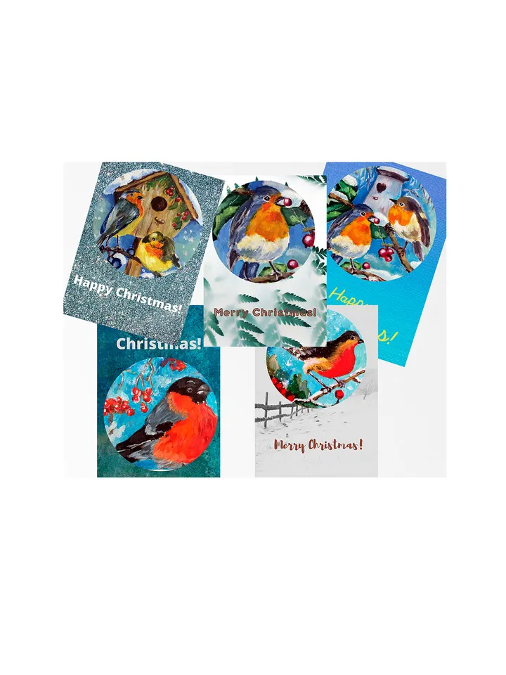 Christmas Cards with Birds Painting, Set of 5 Printable Holiday Cards, Digital greeting card, Printable Xmas cards