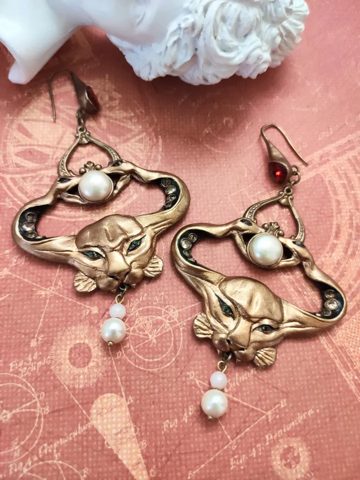 Custom Art Nouveau Symbolist earrings crowned with two snakes