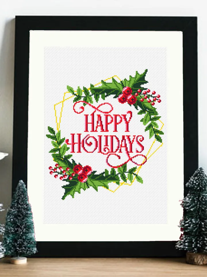 Christmas holly berry wreath cross stitch pattern PDF Happy holidays cross stitch framed, Instant download PDF, Christmas home decor #N31