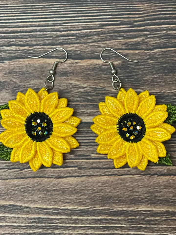 Sunflower earrings FSL Machine embroidery design Digital embroidery pattern Free standing lace flower file