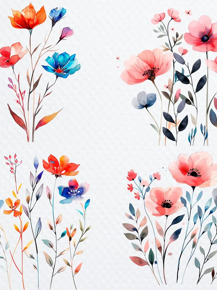 28 Minimalistic Flowers PNG Clipart, Watercolor Flowers sublimation print, Printable Wildflowers clipart, Paper craft, junk journals