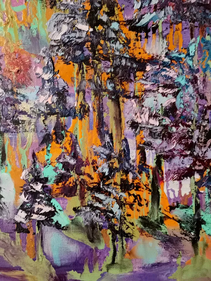 Waterfall Forest Abstract Sunset Impasto Art Large Original Oil Painting Canvas Artist Svinar Oksana