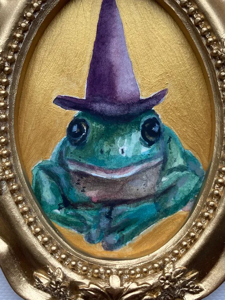 Framed Witch Frog Painting Original Green Frog Artwork Amphibians Art Watercolor Painting Tiny Artwork