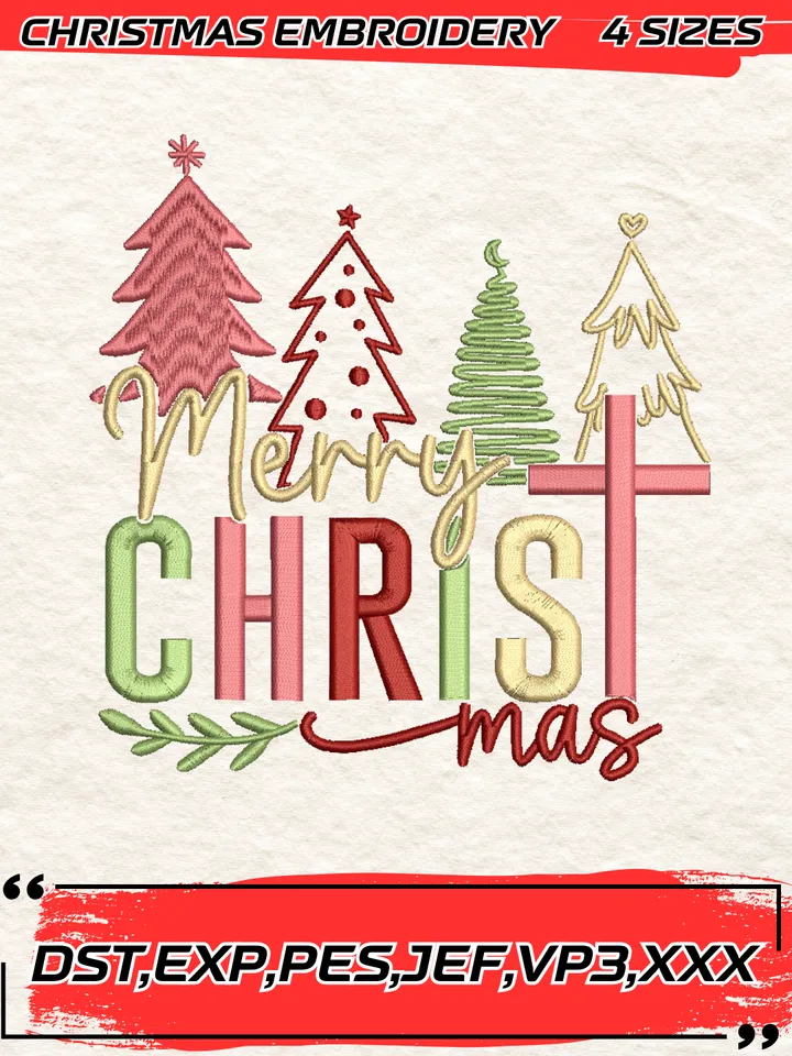 Merry Christmas Embroidery Design,Christmas Embroidery Design,4 Sizes, Digital Download