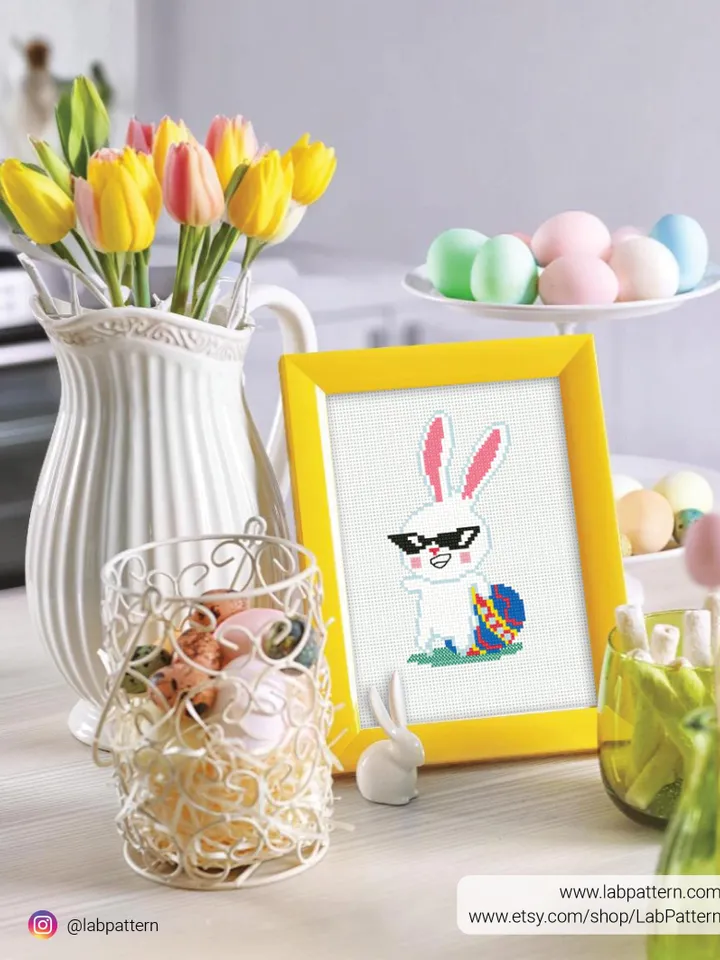 Easter Bunny Cross stitch pattern, contemporary, Happy Easter, beginner counted, modern chart, gift DIY, embroidery, instant PDF