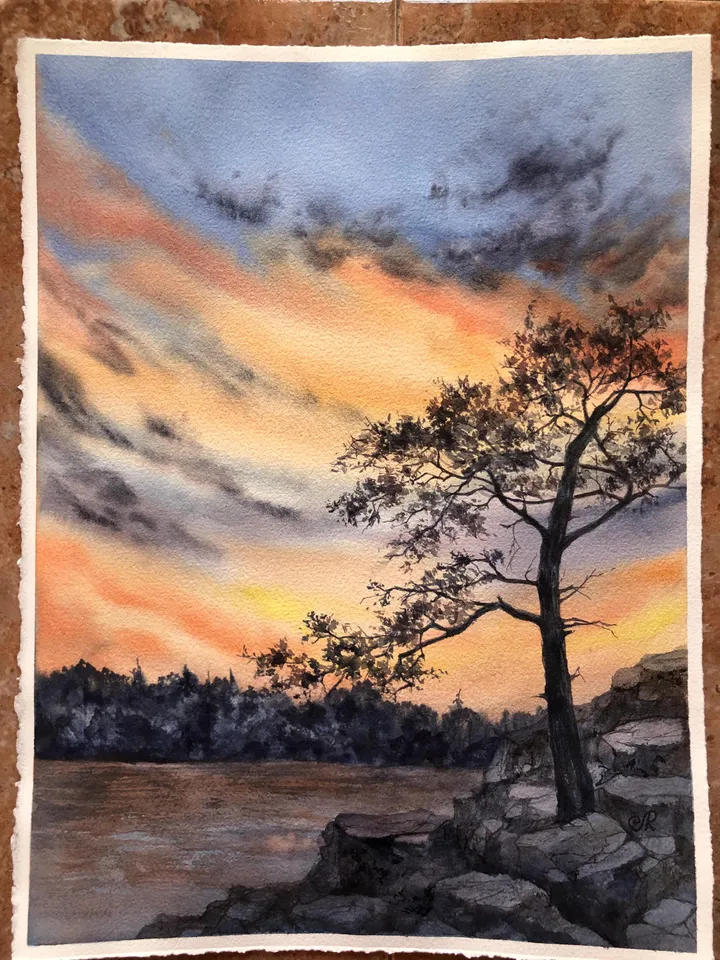 Sunset Original Painting Forest Watercolor Painting Trees Landscape Wall Art