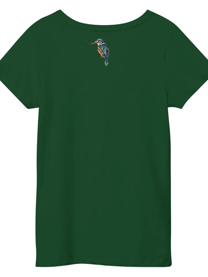Kingfisher Women’s basic organic t-shirt made with my original watercolour painting,birds t shirts,unique handmade designer shirts for sale