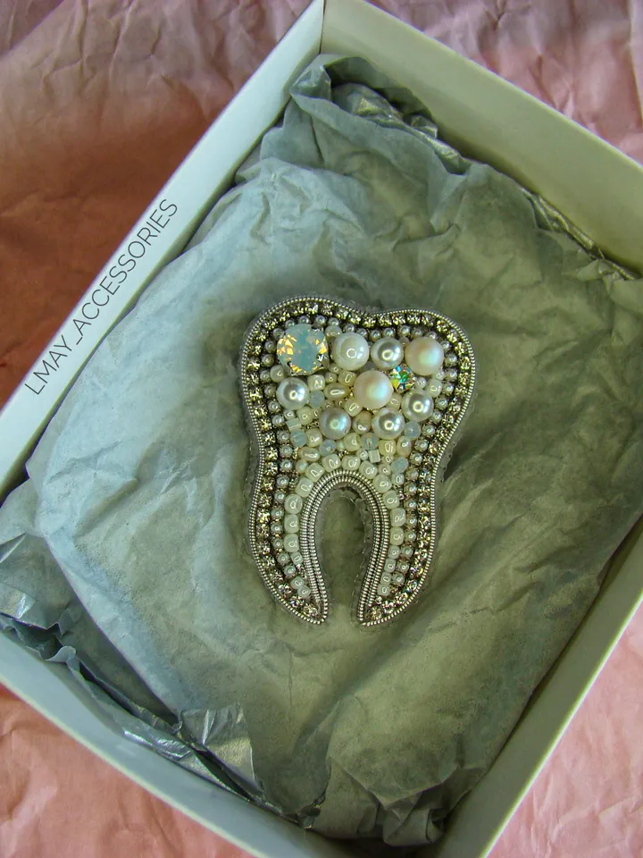 Tooth brooch, embroidered brooch, beaded brooch, medical pin, jewelry design