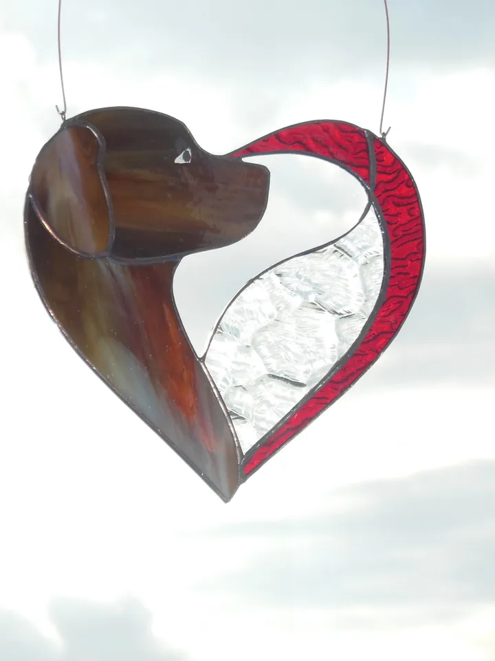 Dog Dark Brown Chocolate in Heart . Art stained glass window hanging Suncatcher . Gift for animal lover , pet loss memorial