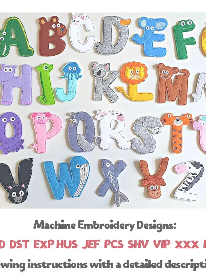 Animal Alphabet ITH Embroidery Design Set, Felt Letters Pattern ABC, Preschool Learning Toy File, 4x4 Hoop Digital Download