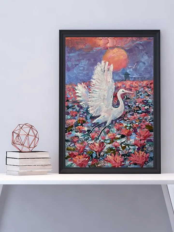 Heron Painting Thailand Original Art Red Lotus Artwork Bird Small Impasto Lake