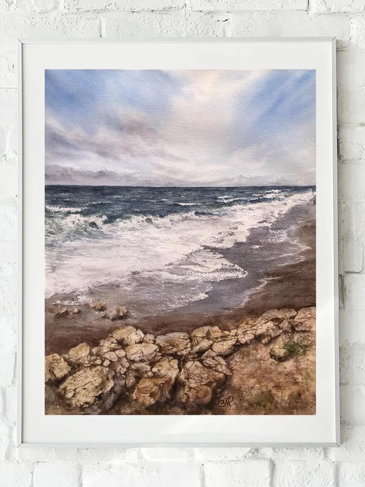 Seascape Original Painting Beach Watercolor Wall Art Clouds and Sea Painting