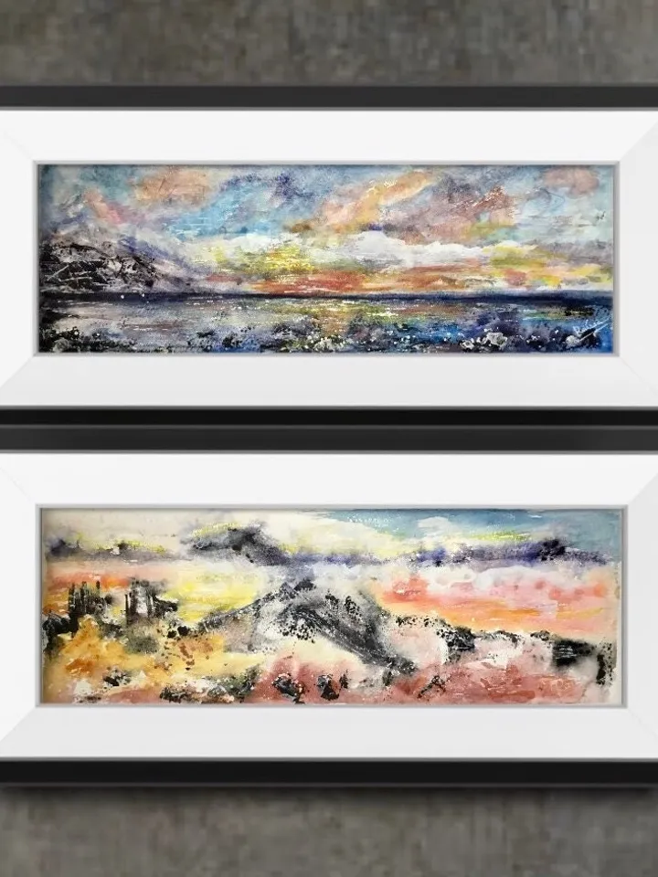 Set of 2 semi-abstract landscapes,original watercolor panoramic paintings,seascape,mountains wall art,modern home decoration,art gifts.