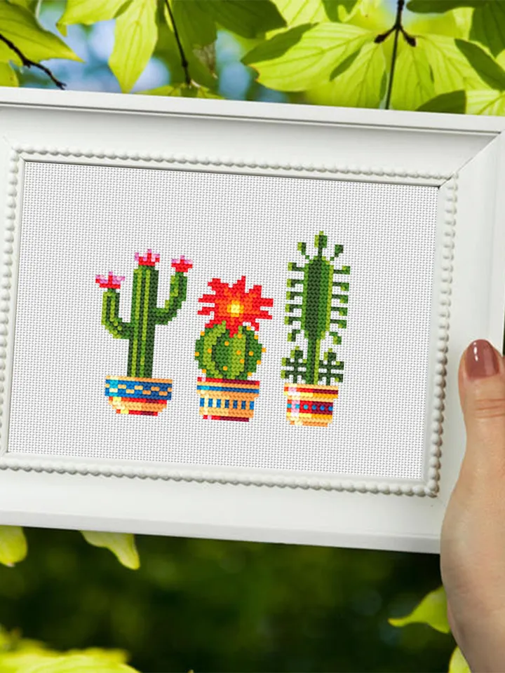 Cactus plant cross stitch pattern PDF download, Easy small cross stitch chart, Floral cross stitch sampler, Blooming cactus embroidery #P23
