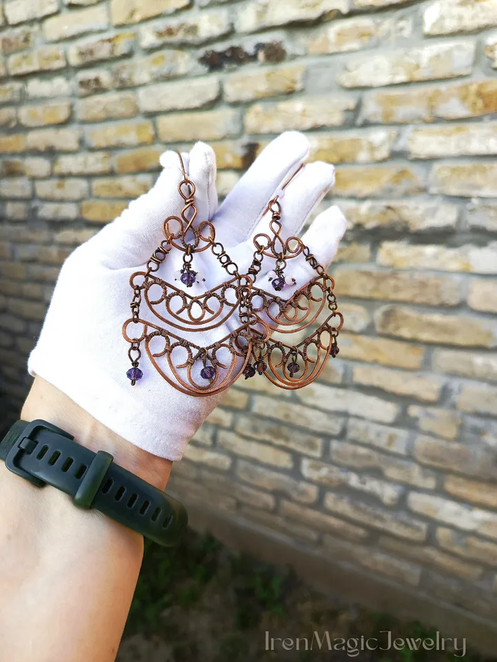 Airy Copper Boho Earrings in Soft Pink and Purple