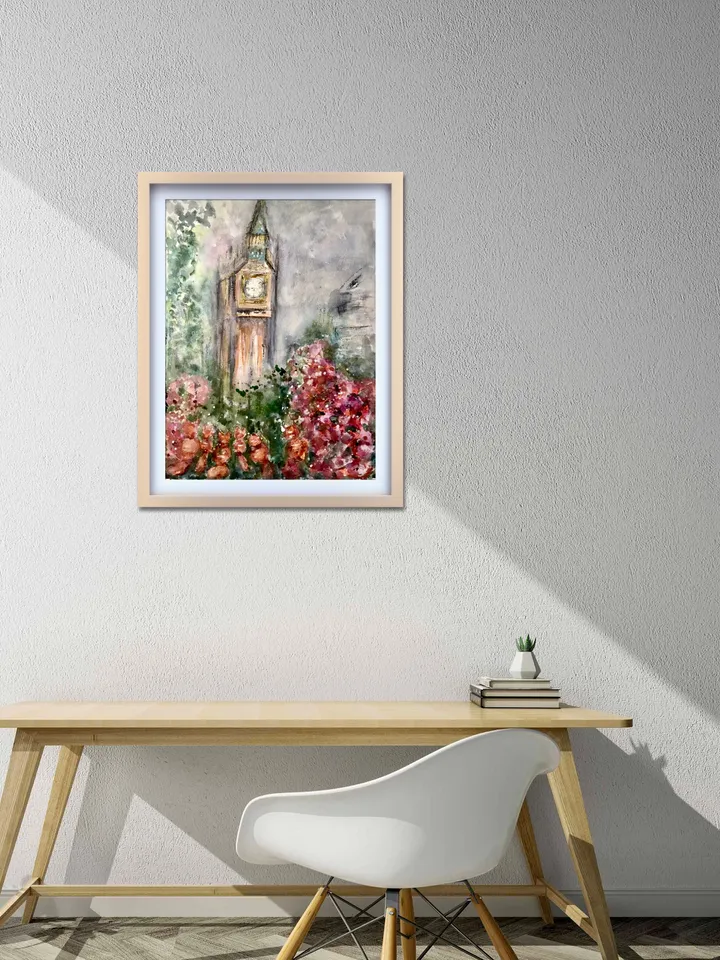 London cityscape original watercolour painting wall art,London Big Ben painting,flowers painting,England painting,wall decoration,gift.