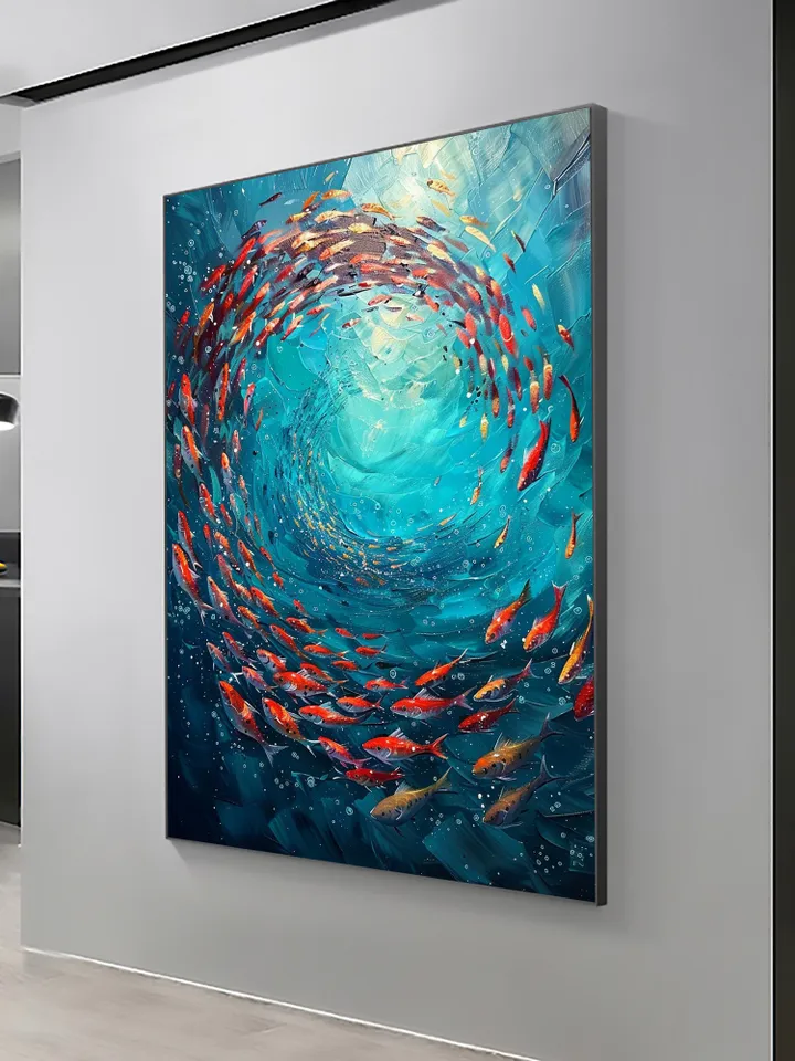 Original School of Fish Oil Painting On Canvas, Abstract Blue Underwater World Art, Ocean Painting, Living Room Wall Art, Custom Painting