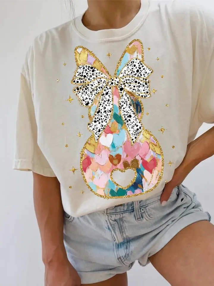 Colorful Coquette gold glitter bunny bow png girls easter coquette design dtf easter girls png kids spring design bow acrylic brushstroke