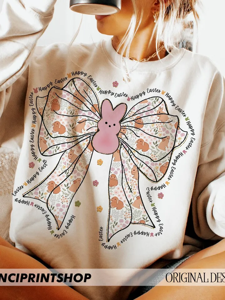 Bunny Coquette easter png, Floral easter bow png, happy easter png, easter coquette png, bunny bow png, Girls Easter, Retro Easter png
