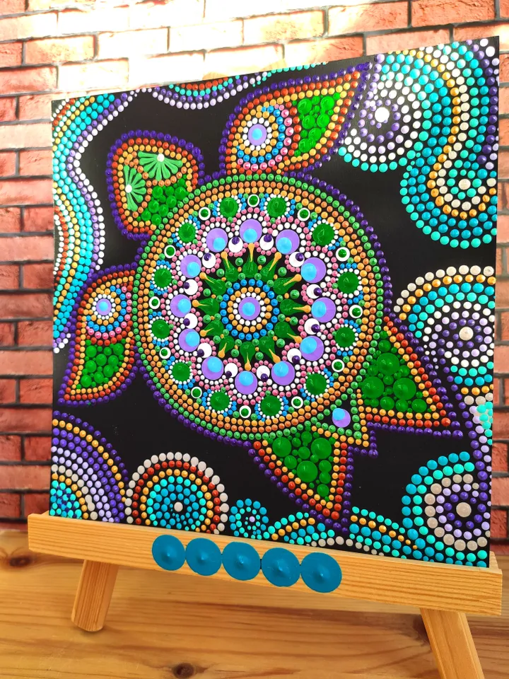 Sea Turtle Dot Art Original Painting Acrylic Dotted Art 20 by 20 cm / 8 by 8 ''