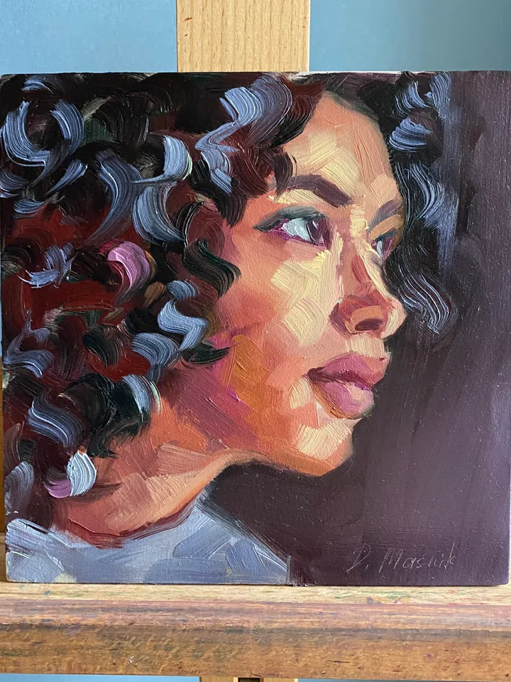 Woman Portrait Painting Original Female Image Artwork Oil On Panel 8x8 In
