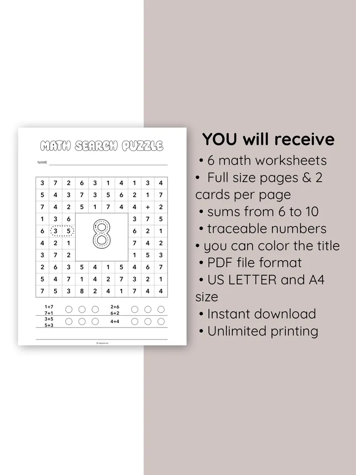 Fun Math Search Puzzle for Kids. Classroom math games. Homeschooling math tools. Math search activity. Number puzzle for kids. Focus and attention game. Printable math games.