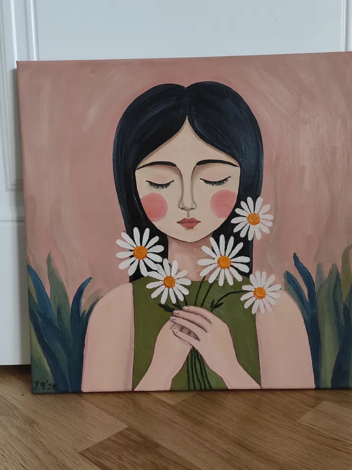 Oil painting on canvas "Girl with daisies"