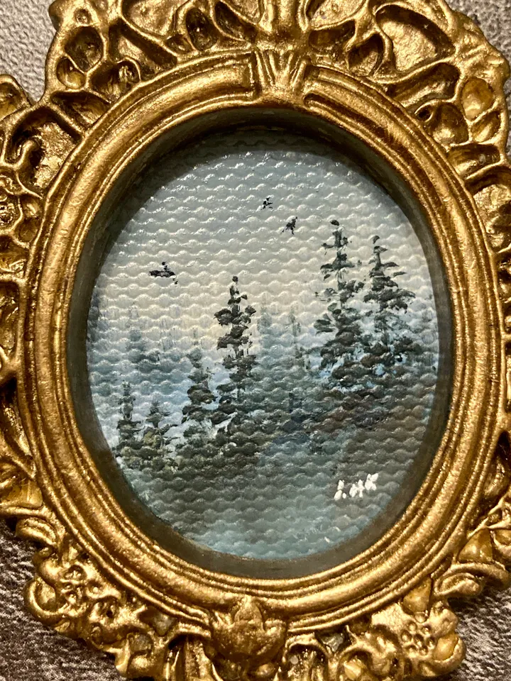 Forest Landscape Oil Painting Set of 2 Original In Vintage Style Frame Small Framed Oval Painting Art