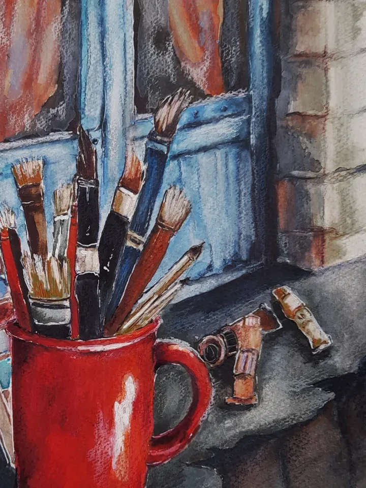 Watercolor painting.
Still life of the artist. Red mug and brushes 21x30 cm (8.3 х 11,7 inches)