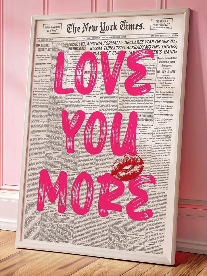 Love You More Newspaper Print, Trendy Wall Art, Retro Bedroom Poster, Chic Apartment Aesthetic, Printable Wall Art, Digital Prints Pink