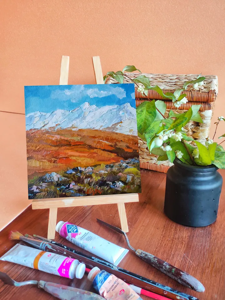 Painting Landscape Autumn Mountains Canvas on Cardboard Oil Wall Art Impasto Painting on Canvas 6 by 6 inches Original Painting by Natalia