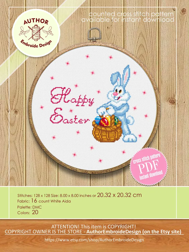 Easter bunny basket cross stitch pattern download PDF Cute rabbit cross stitch chart, Happy Easter ornament cross stitch, Easter eggs #T2