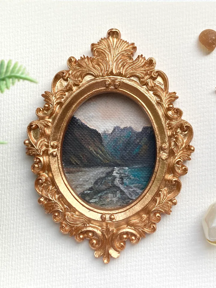 Coastal Landscape Oil Painting Original In Vintage Style Frame Small Framed Oval Painting Art