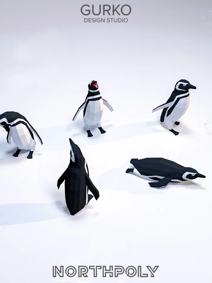 5 Magellanic Penguins Papercraft, Digital Template, PDF Download, Gurko, Low Poly, Pepakura, Origami Sculpture, Paper Party Decor, DIY Gift