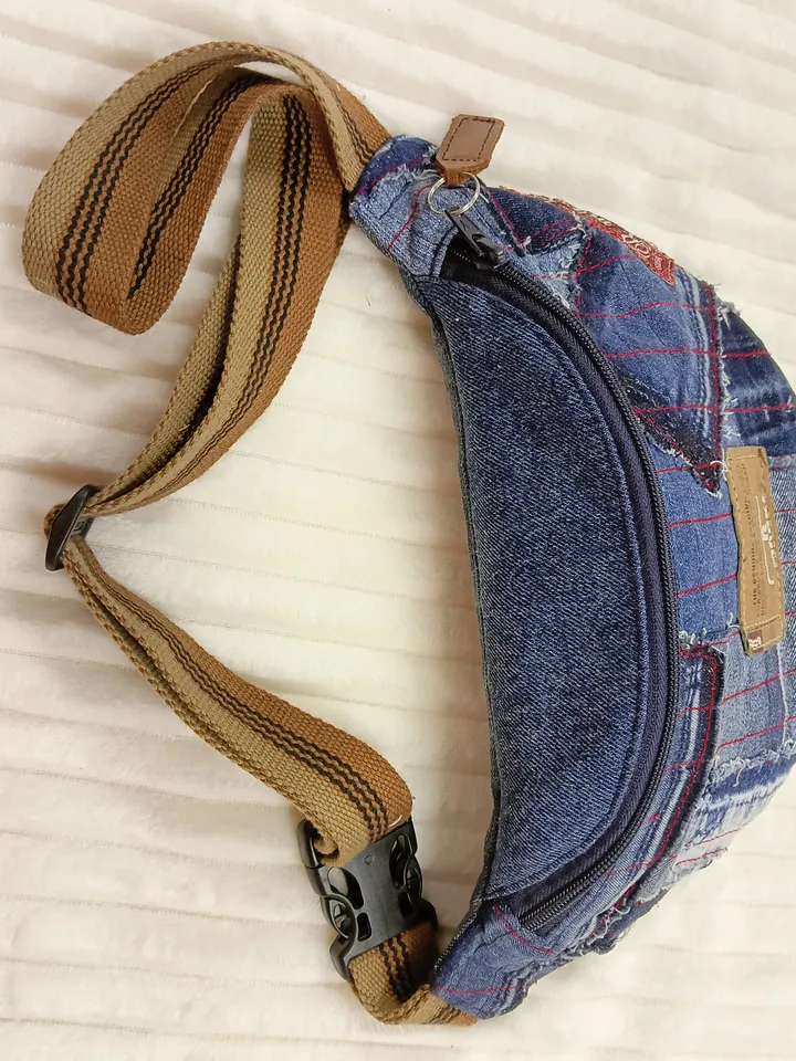 Small comfortable sling bag, handmade fanny pack, denim quilted belt bag of unusual design.