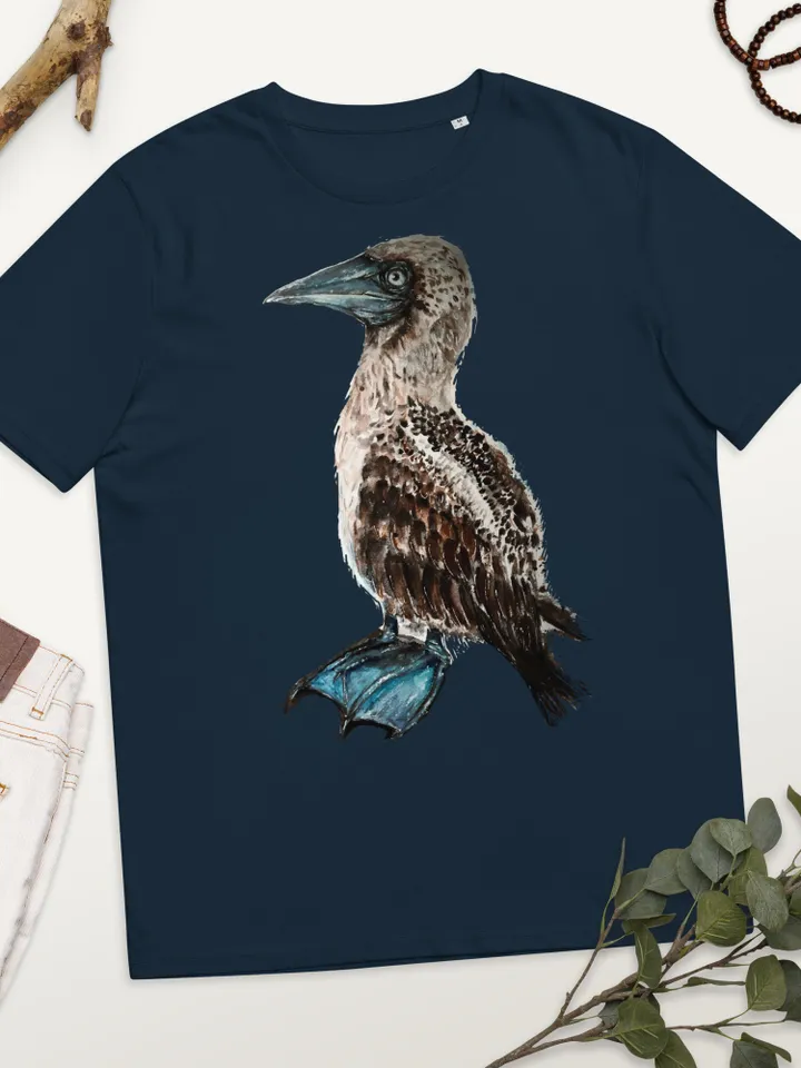 Blue footed booby unisex organic t shirt made with my original watercolor painting,unique handmade wearable gifts,exotic animals t shirts.