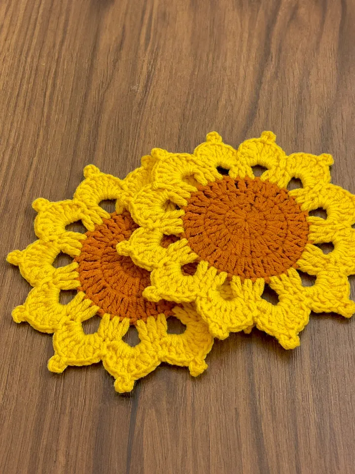 Cute Sunflower Crochet Coasters - Handmade Doily Coaster Set for Coffee and Tea - Fall Themed Sunflower Crochet Coaster Gift