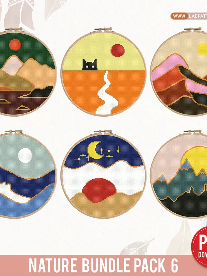 Boho Style Bundle of 6 modern cross stitch patterns mini boho aesthetic nature digital format beginners embroidery  gift DIY instant PDF