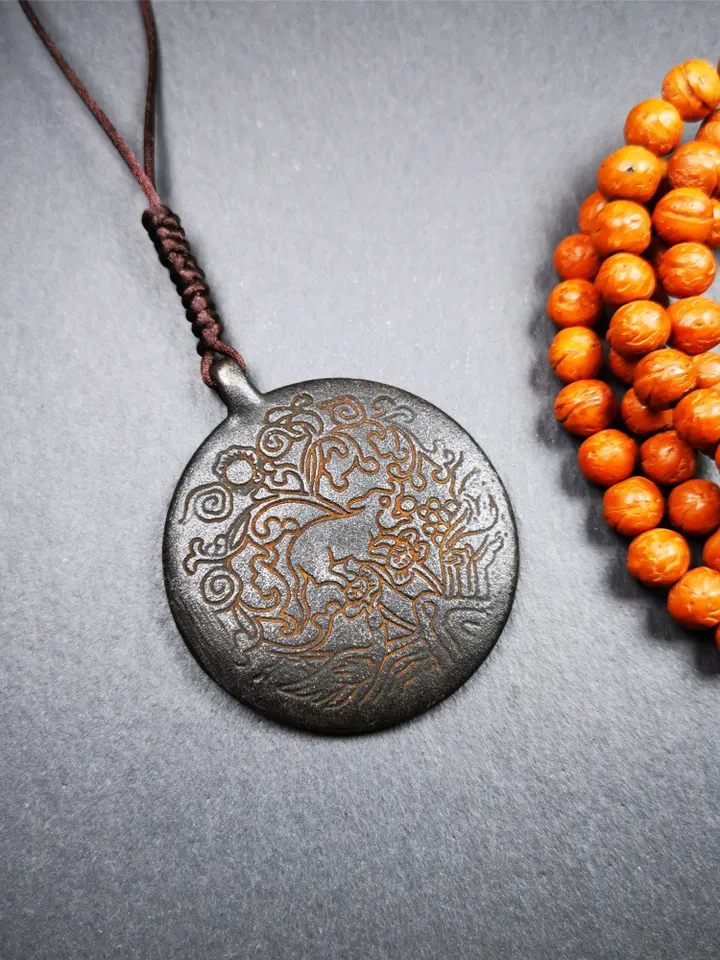 Gandhanra Vintage Tibetan Buddhist Amulet,Calendar Badge,Melong Mirror, SIPAHO Pendant(srid pa ho),Made of Thokcha,40 Years Old
