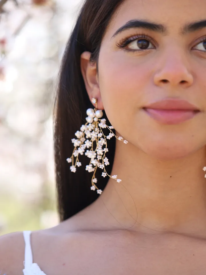 Long Boho Wedding Earrings, Pearl Bridal Earrings, Rose Gold Chandelier Wedding Earrings, Statement Bridal Jewelry, Statement Earrings