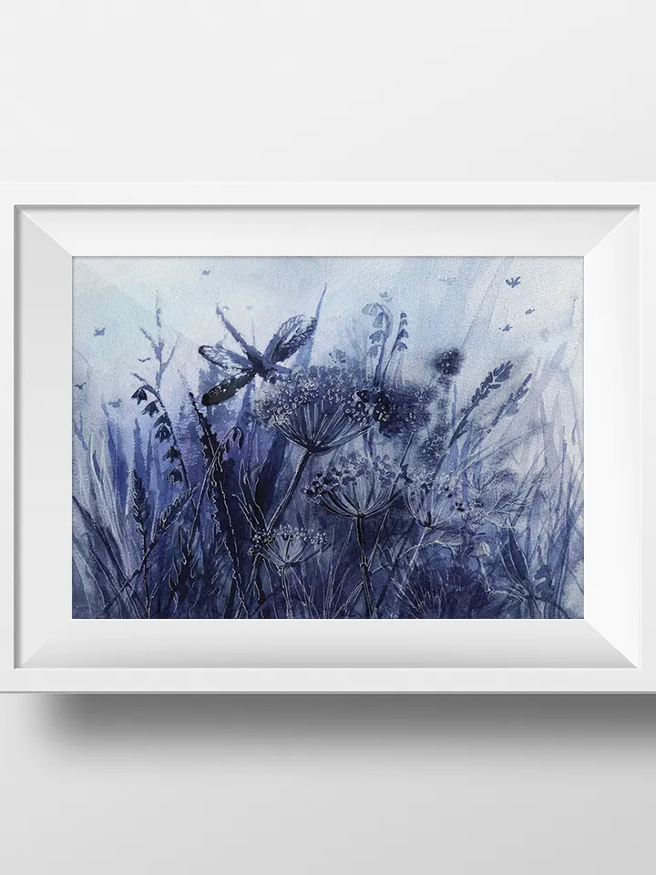 Watercolor landscape with wildflowers and dragonfly Watercolor digital file JPEG Poster for print