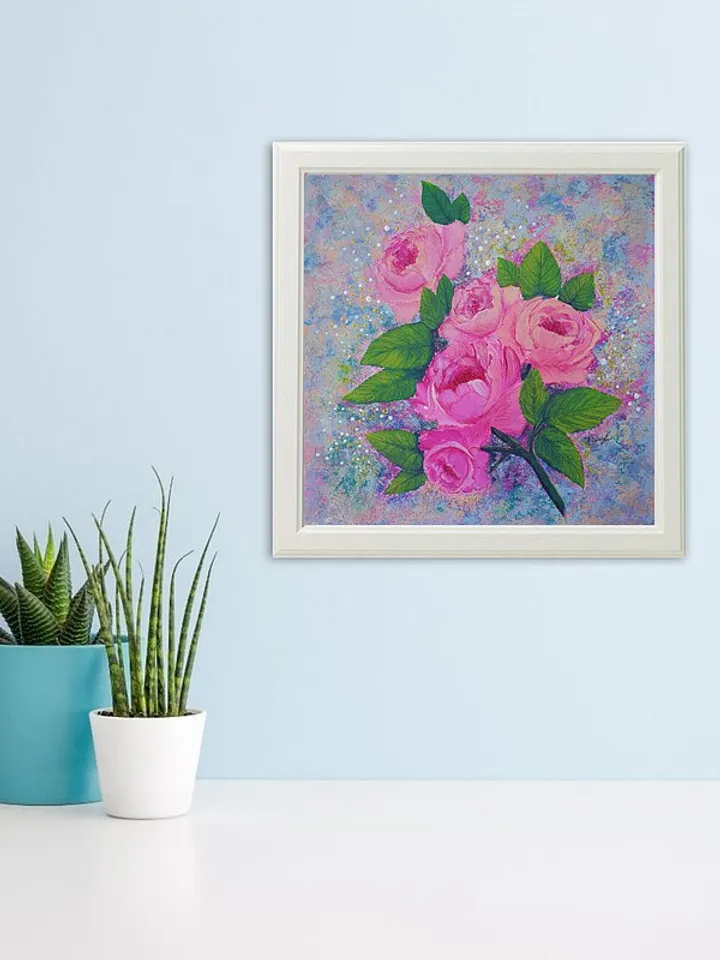 Pink Roses Painting Flower Original Art Floral Bouquet Wall Art Acrylic Painting
