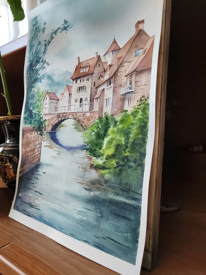 Original Watercolor Painting English Landscape Art CozyTown Artwork 30x40 cm by SoftWaves
