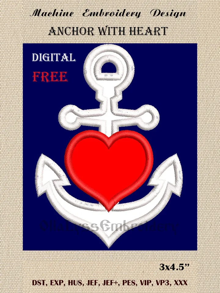 Anchor with heart free embroidery design