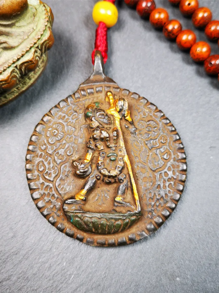 Gandhanra Vintage Tibetan Buddhist Calendar Badge, Black Dakini,Troma Nagmo Melong Mirror, SIPAHO Amulet(srid pa ho),Made of Thokcha,2.2"