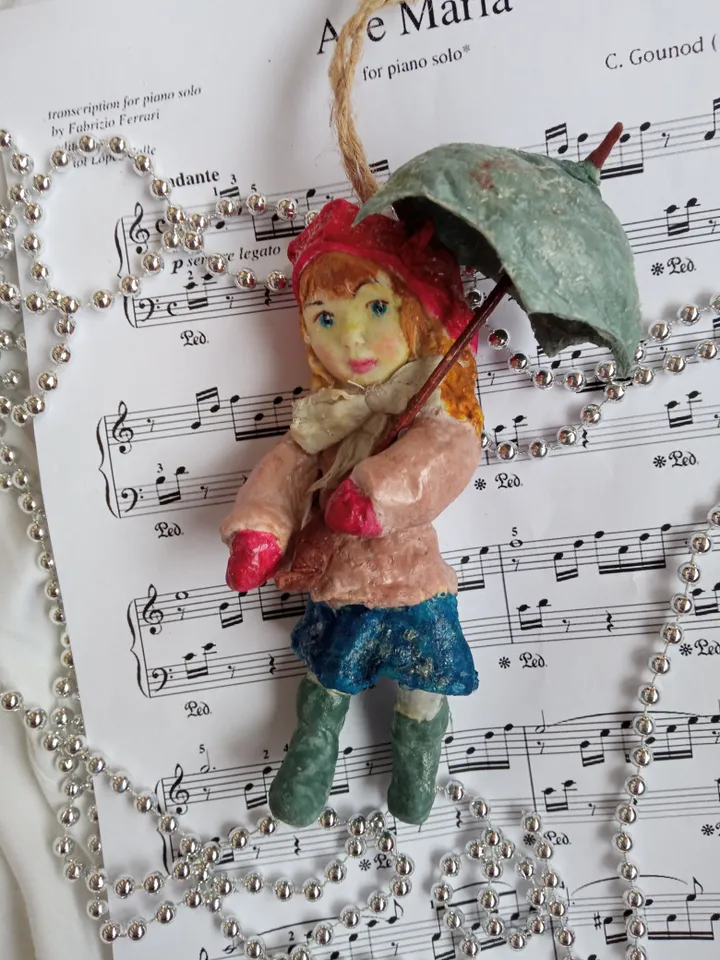 Vintage-Inspired Cotton Toy: Girl with Umbrella - Handmade Collectible. Art doll. Christmas tree toy. Christmas ornaments Spun cotton doll.