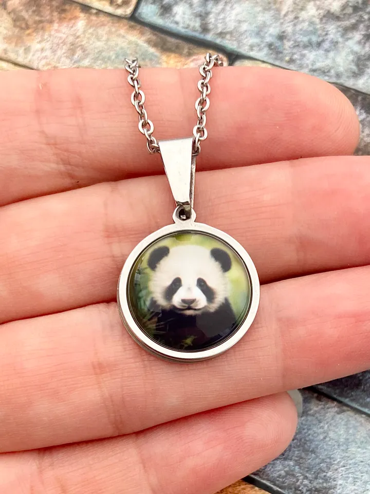 Panda necklace, steel pendant with glass, Panda lover gift