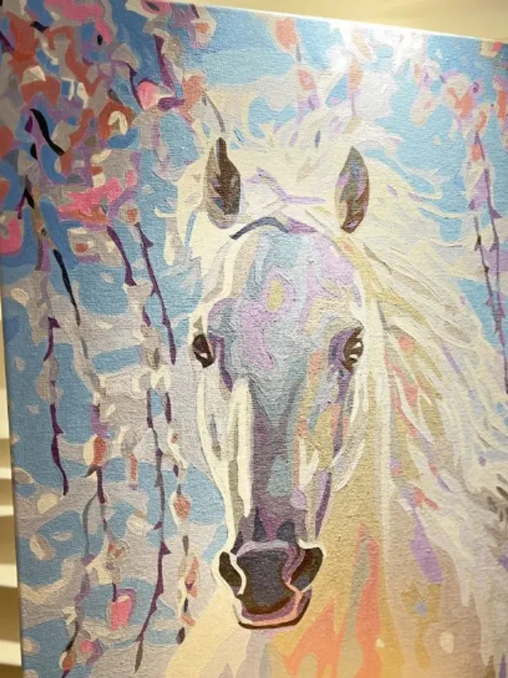 Painting on canvas "Horse and sakura", acrylic, size 50 x 40 cm